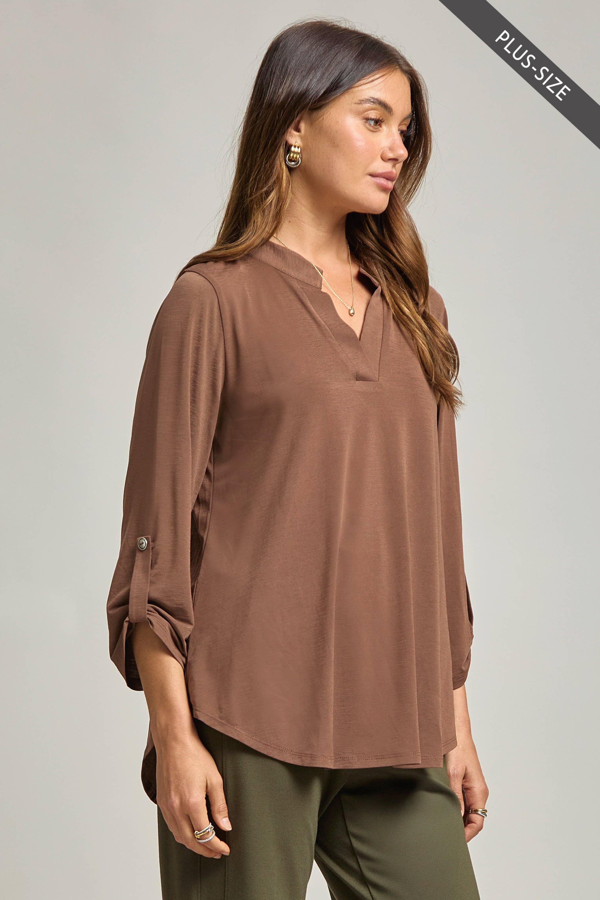 PLUS SIZE Signature Lizzy Top – Wrinkle-Free Travel Blouse with Mandarin Collar